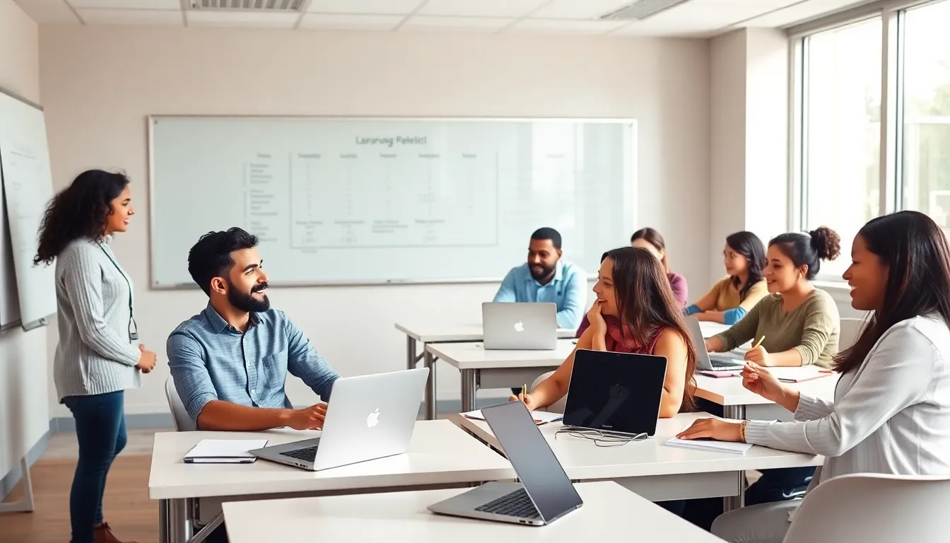 diverse students engaged in language learning activities in a modern classroom.