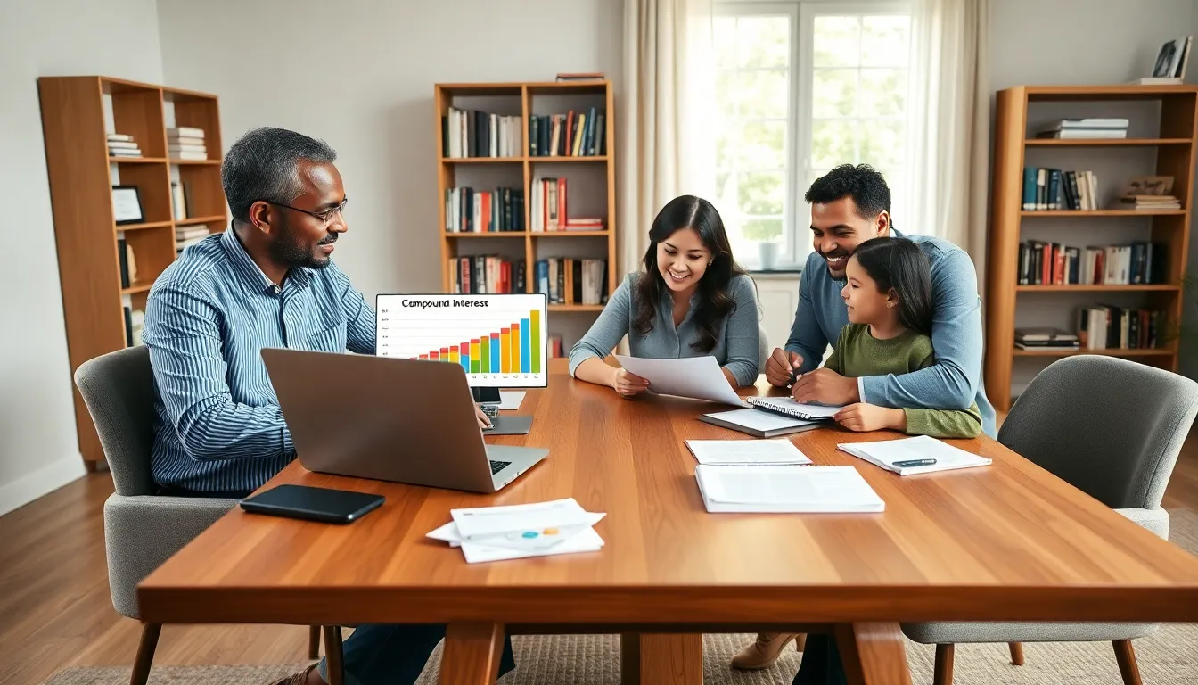 family discussing college savings in a modern home office.