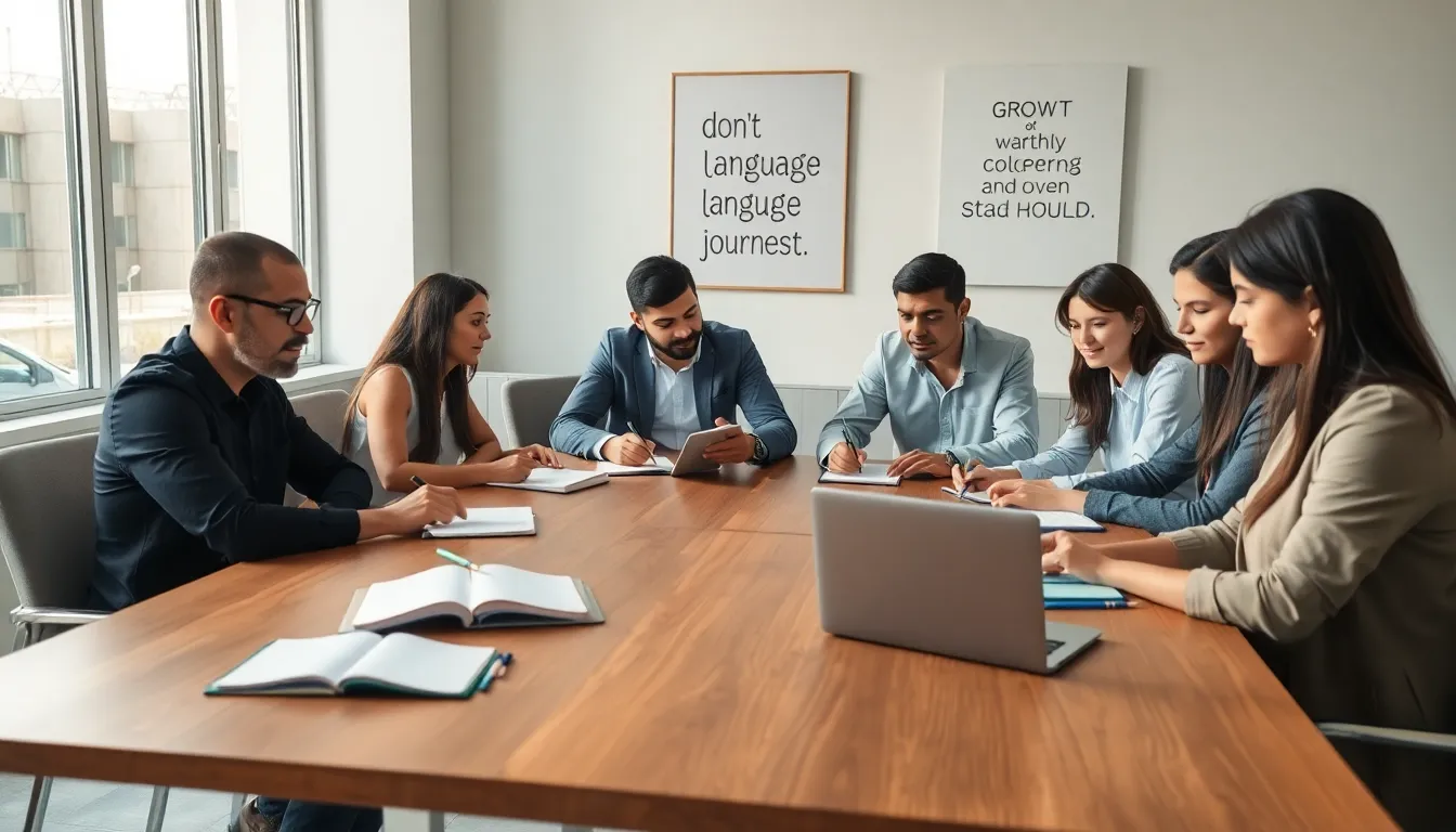 diverse learners engaged in language journaling around a wooden table.