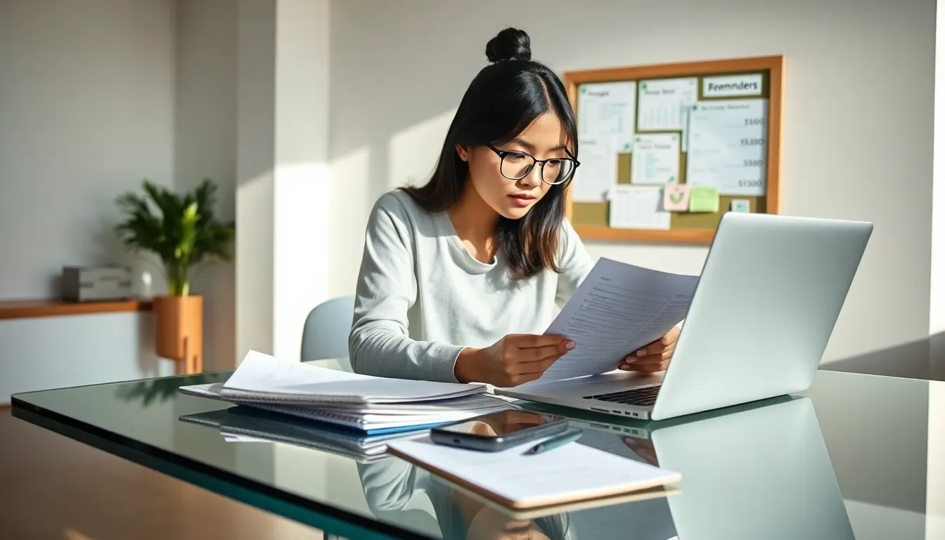 college student analyzing finances in a bright, modern workspace.