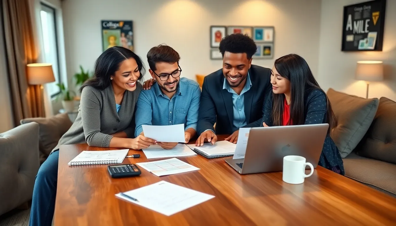family discussing college savings at home with a laptop and documents.