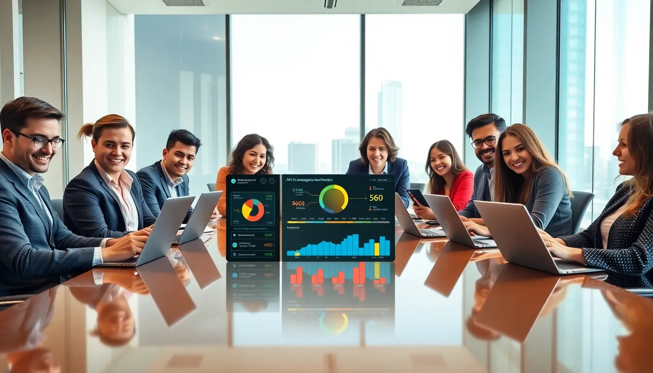 Diverse team collaborating on AI language learning apps in a modern office.