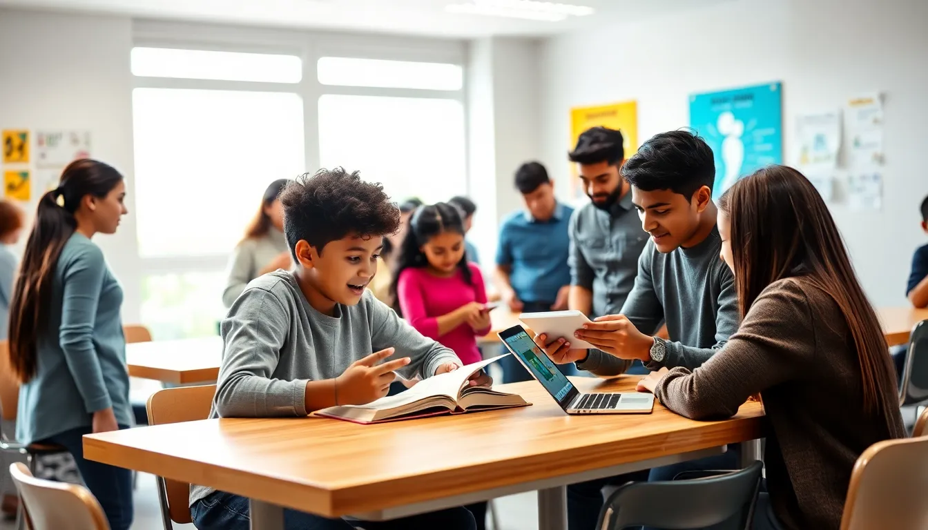 Students collaborating in a bright classroom focused on language learning.